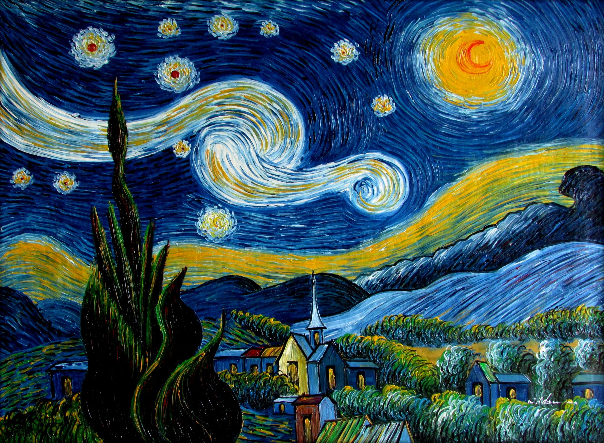Step by step canvas painting tutorial recreating the Starry Night artwork with bold brushstrokes and bright colours